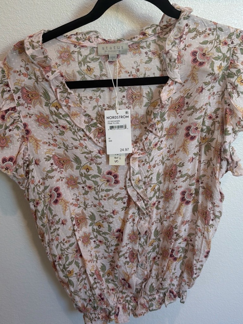 Chenault Floral Ruffle Button-Front Blouse in Pink and Green